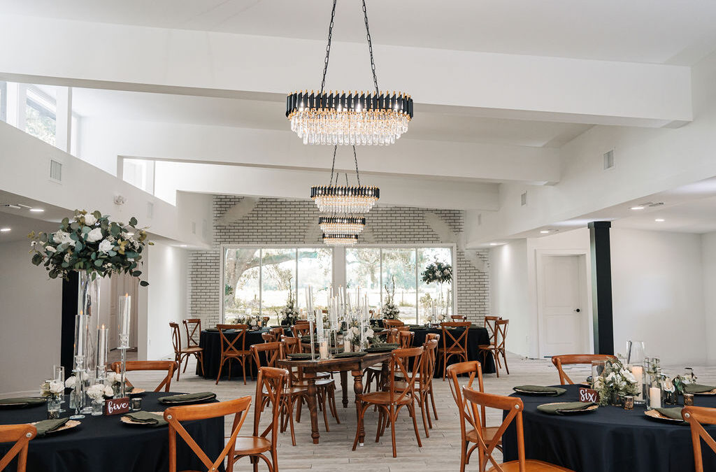 Elegant wedding reception hall decorated in black, white